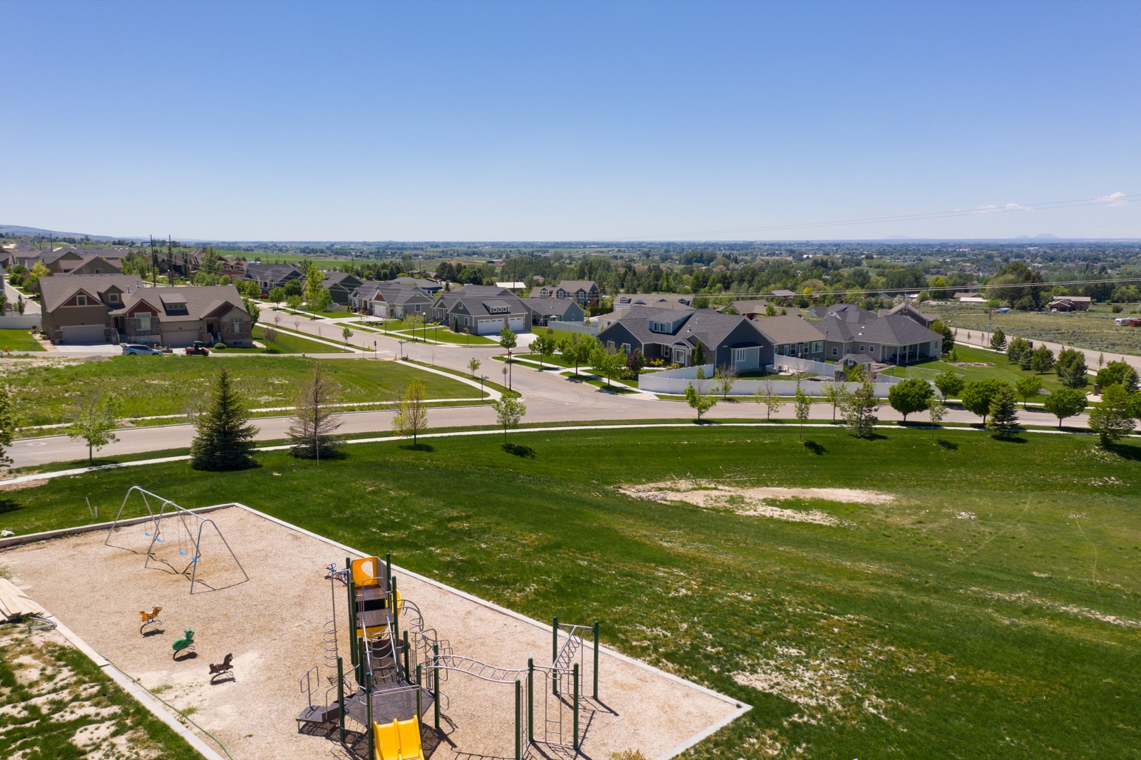 Aerial view of Hawks Landing showing the community park and surrounding homes